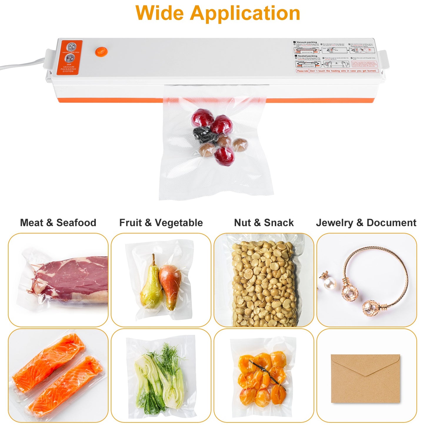 Vacuum sealer with various application examples on a white background